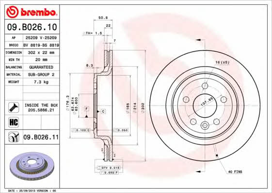 Тормозной диск задний вентилируемый Brembo 09.B026.11