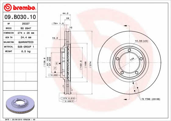 Тормозной диск вентилируемый, 1 шт. Brembo 09.B030.10