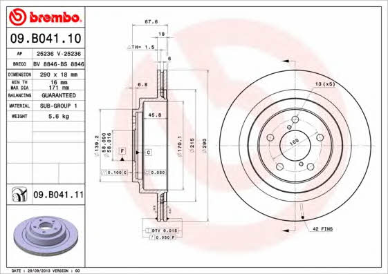Тормозной диск задний вентилируемый Brembo 09.B041.10