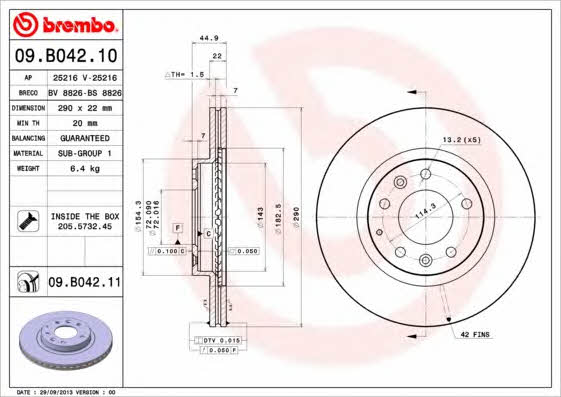 Тормозной диск вентилируемый, 1 шт. Brembo 09.B042.11