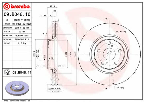 Тормозной диск вентилируемый, 1 шт. Brembo 09.B046.11