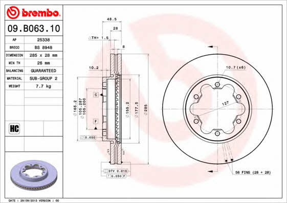 Тормозной диск вентилируемый, 1 шт. Brembo 09.B063.10