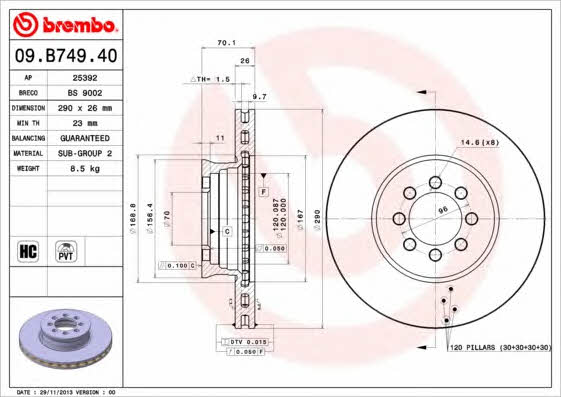 Тормозной диск вентилируемый, 1 шт. Brembo 09.B749.40