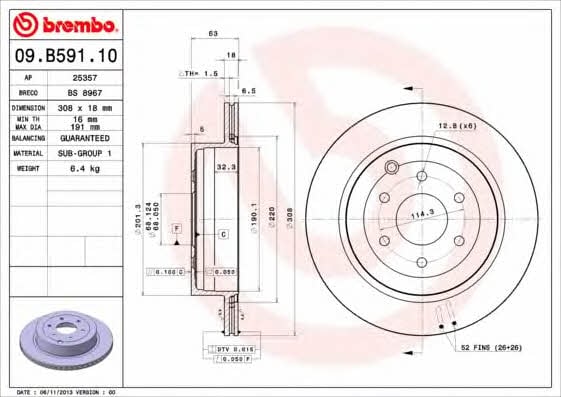 Тормозной диск задний вентилируемый Brembo 09.B591.10