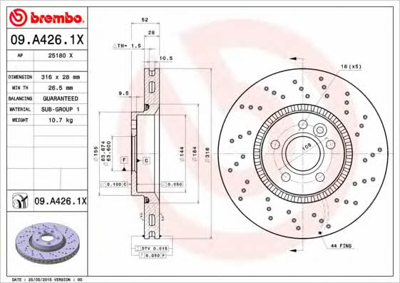 Тормозной диск вентилируемый с перфорацией Brembo 09.A426.1X