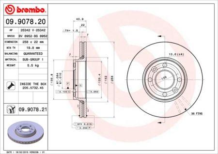 Тормозной диск передний вентилируемый Brembo 09.9078.20