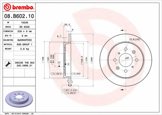 Тормозной диск задний невентилируемый Brembo 08.B602.10