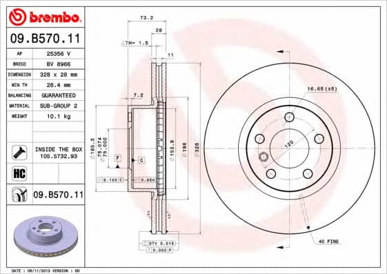 Тормозной диск передний вентилируемый Brembo 09.B570.11