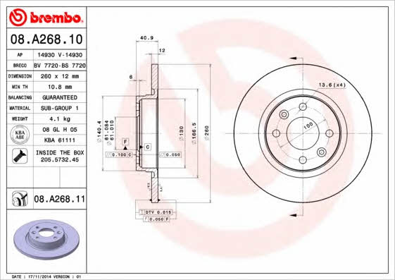 Тормозной диск передний невентилируемый Brembo 08.A268.11