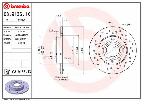 Тормозной диск невентилируемый Brembo 08.9136.1X