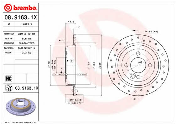 Диск гальмівний невентильований Brembo 08.9163.1X
