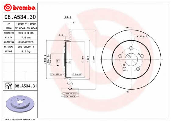 Тормозной диск задний невентилируемый Brembo 08.A534.31