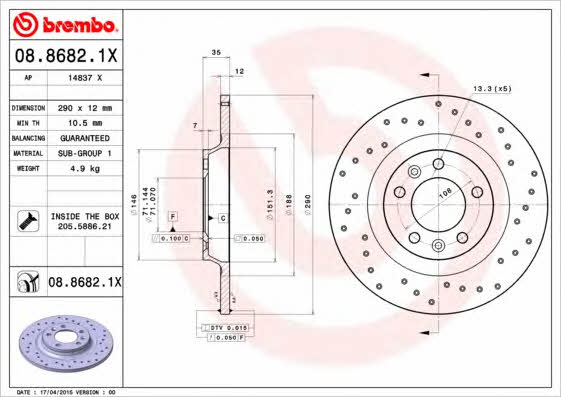 Тормозной диск невентилируемый Brembo 08.8682.1X