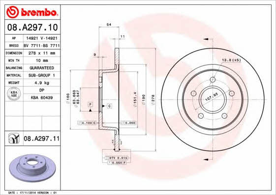 Тормозной диск задний невентилируемый Brembo 08.A297.11
