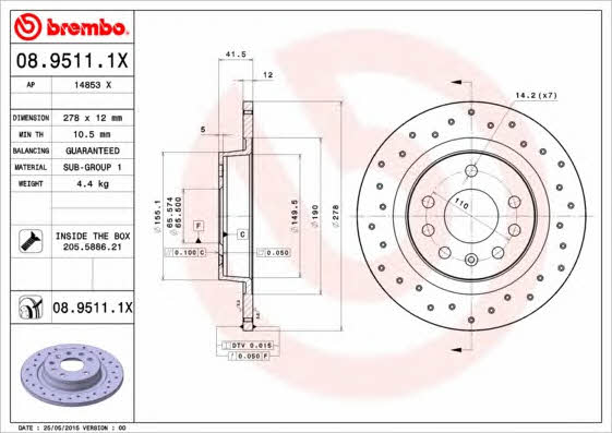 Тормозной диск невентилируемый Brembo 08.9511.1X