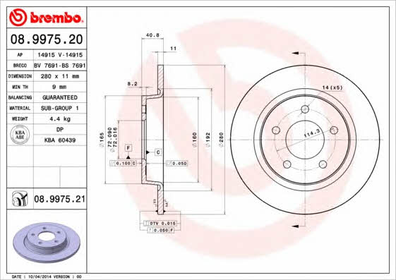 Тормозной диск задний невентилируемый Brembo 08.9975.21