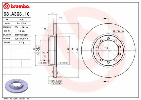 Тормозной диск задний невентилируемый Brembo 08.A363.10