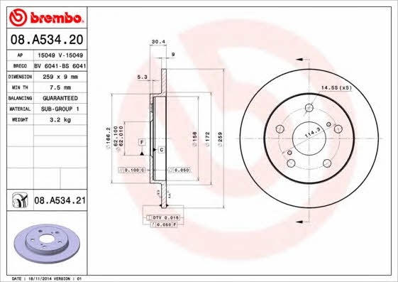 Тормозной диск задний невентилируемый Brembo 08.A534.21