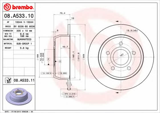 Тормозной диск задний невентилируемый Brembo 08.A533.11