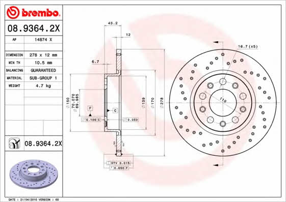 Тормозной диск невентилируемый Brembo 08.9364.2X