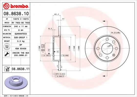 Тормозной диск передний невентилируемый Brembo 08.8638.11