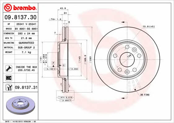 Тормозной диск вентилируемый, 1 шт. Brembo 09.8137.31