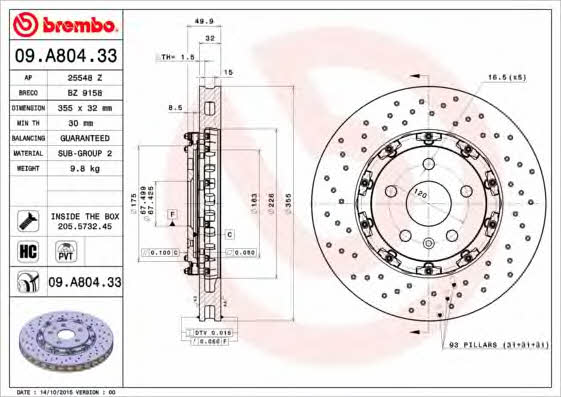 Тормозной диск вентилируемый с перфорацией Brembo 09.A804.33