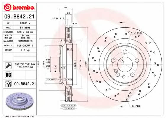 Тормозной диск вентилируемый с перфорацией Brembo 09.B842.21