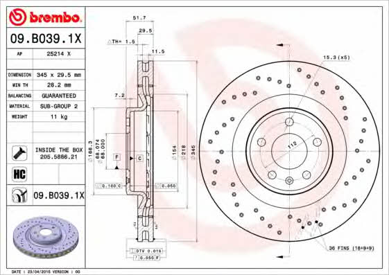 Тормозной диск вентилируемый с перфорацией Brembo 09.B039.1X