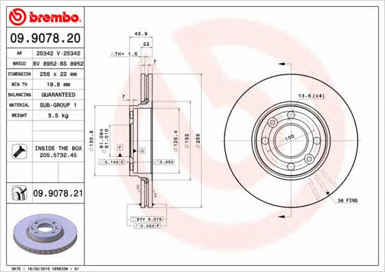 Тормозной диск вентилируемый, 1 шт. Brembo 09.9078.21