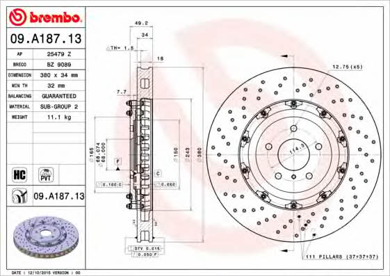 Тормозной диск вентилируемый с перфорацией Brembo 09.A187.13
