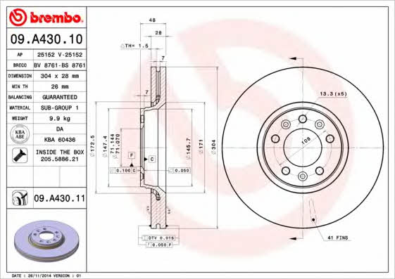 Тормозной диск вентилируемый, 1 шт. Brembo 09.A430.11