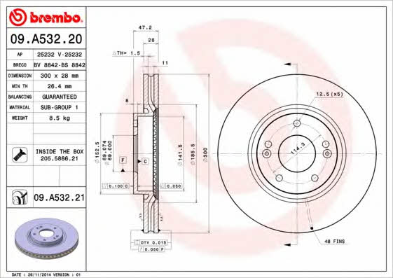 Тормозной диск передний вентилируемый Brembo 09.A532.21