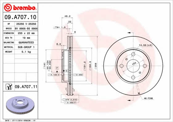 Тормозной диск вентилируемый, 1 шт. Brembo 09.A707.11