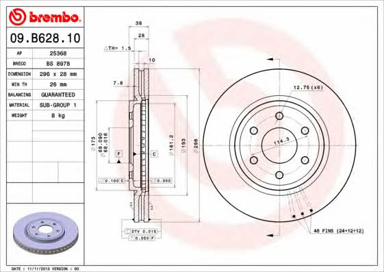 Тормозной диск вентилируемый, 1 шт. Brembo 09.B628.10