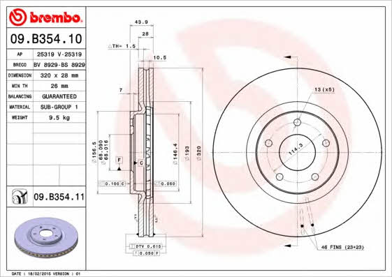 Тормозной диск вентилируемый, 1 шт. Brembo 09.B354.10