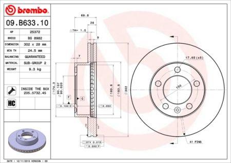 Тормозной диск вентилируемый, 1 шт. Brembo 09.B633.10