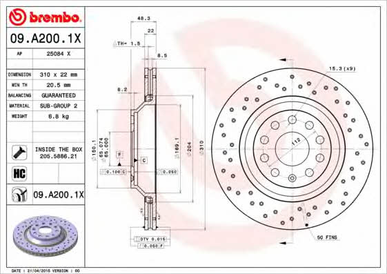 Купить Brembo 09A2001X – отличная цена на EXIST.UA!