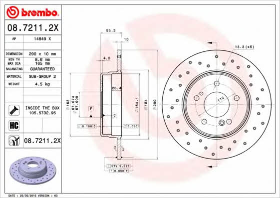 Тормозной диск невентилируемый Brembo 08.7211.2X