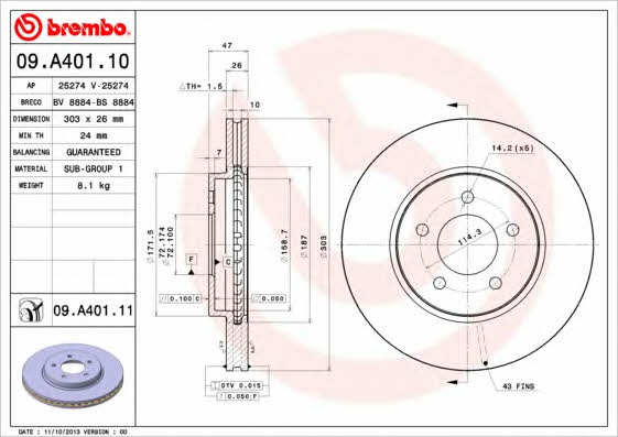 Тормозной диск вентилируемый, 1 шт. Brembo 09.A401.11
