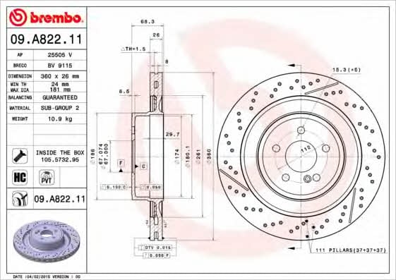 Тормозной диск вентилируемый со слотированием и перфорацией Brembo 09.A822.11