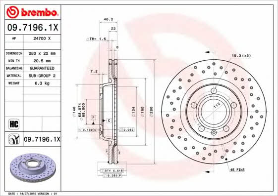 Тормозной диск вентилируемый с перфорацией Brembo 09.7196.1X
