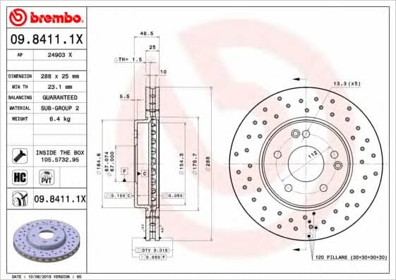 Тормозной диск вентилируемый с перфорацией Brembo 09.8411.1X