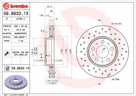 Тормозной диск передний вентилируемый Brembo 09.8633.1X