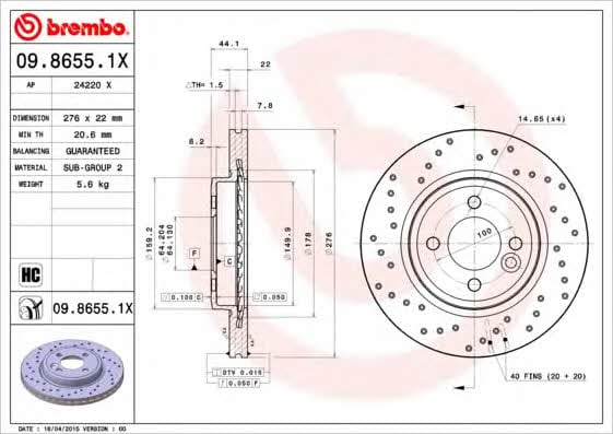 Тормозной диск вентилируемый с перфорацией Brembo 09.8655.1X
