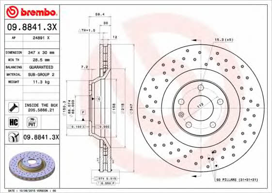 Тормозной диск вентилируемый с перфорацией Brembo 09.8841.3X
