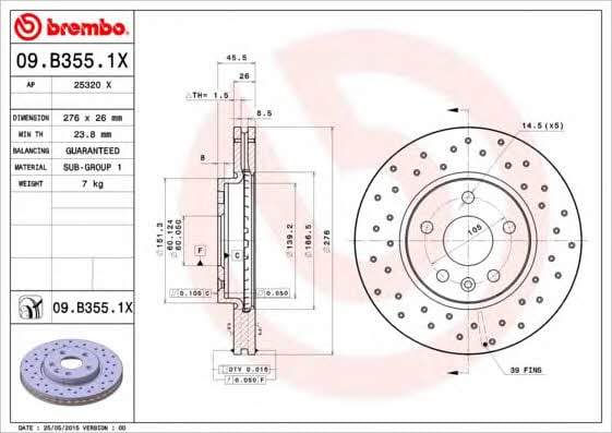 Тормозной диск вентилируемый с перфорацией Brembo 09.B355.1X