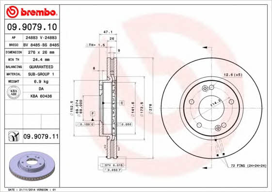 Тормозной диск передний вентилируемый Brembo 09.9079.11