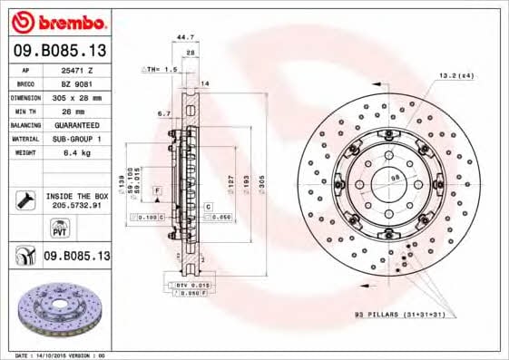 Тормозной диск вентилируемый с перфорацией Brembo 09.B085.13