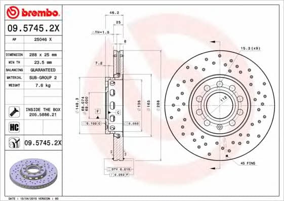 Тормозной диск вентилируемый с перфорацией Brembo 09.5745.2X